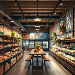 A unique and trendy supermarket design featuring an industrial style with exposed brick walls, metal accents, and wooden shelves