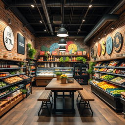 A unique and trendy supermarket design featuring an industrial style with exposed brick walls, metal accents, and wooden shelves