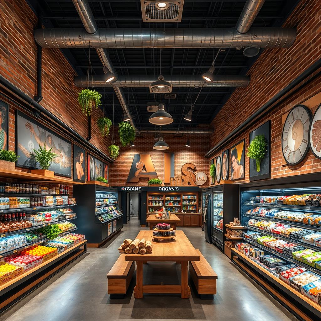 A unique and trendy supermarket design featuring an industrial style with exposed brick walls, metal accents, and wooden shelves
