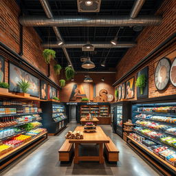 A unique and trendy supermarket design featuring an industrial style with exposed brick walls, metal accents, and wooden shelves