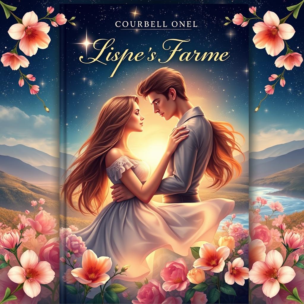 An enchanting book cover for a romance novel, featuring a couple in a loving embrace under a starlit sky, surrounded by blooming flowers