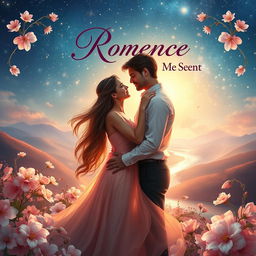 An enchanting book cover for a romance novel, featuring a couple in a loving embrace under a starlit sky, surrounded by blooming flowers