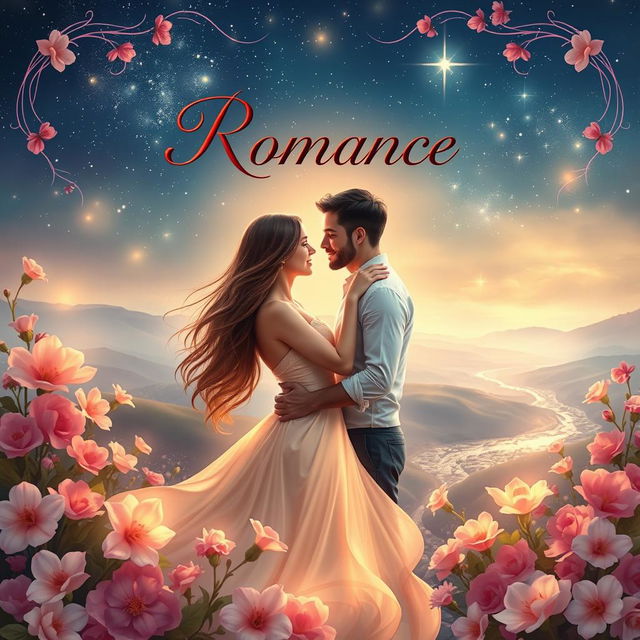 An enchanting book cover for a romance novel, featuring a couple in a loving embrace under a starlit sky, surrounded by blooming flowers