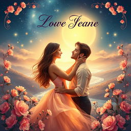 An enchanting book cover for a romance novel, featuring a couple in a loving embrace under a starlit sky, surrounded by blooming flowers