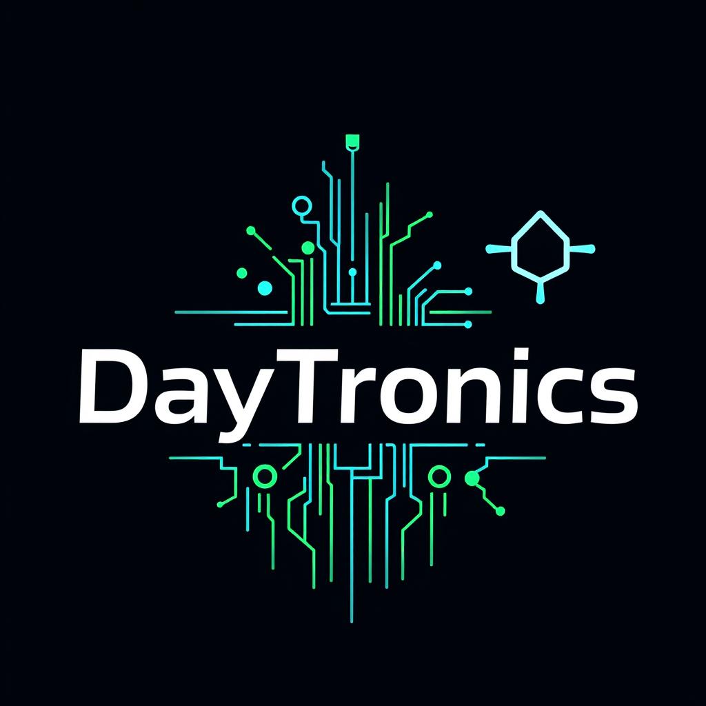 A modern logo for 'DayTronics' centered around an electronics theme