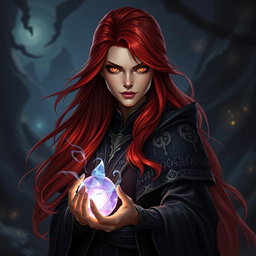A character portrait of a powerful sorceress in a fantasy realm, with fiery red hair flowing dramatically down her back, wearing an ornate dark robe adorned with intricate silver runes