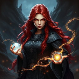 A character portrait of a powerful sorceress in a fantasy realm, with fiery red hair flowing dramatically down her back, wearing an ornate dark robe adorned with intricate silver runes