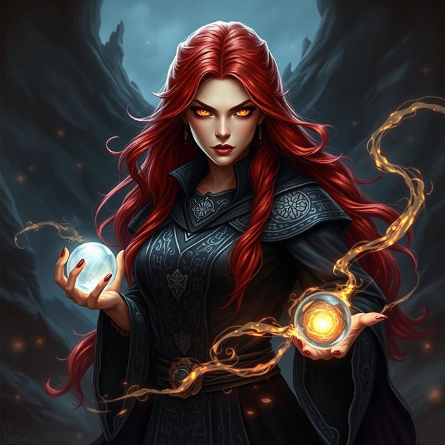 A character portrait of a powerful sorceress in a fantasy realm, with fiery red hair flowing dramatically down her back, wearing an ornate dark robe adorned with intricate silver runes