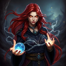 A character portrait of a powerful sorceress in a fantasy realm, with fiery red hair flowing dramatically down her back, wearing an ornate dark robe adorned with intricate silver runes