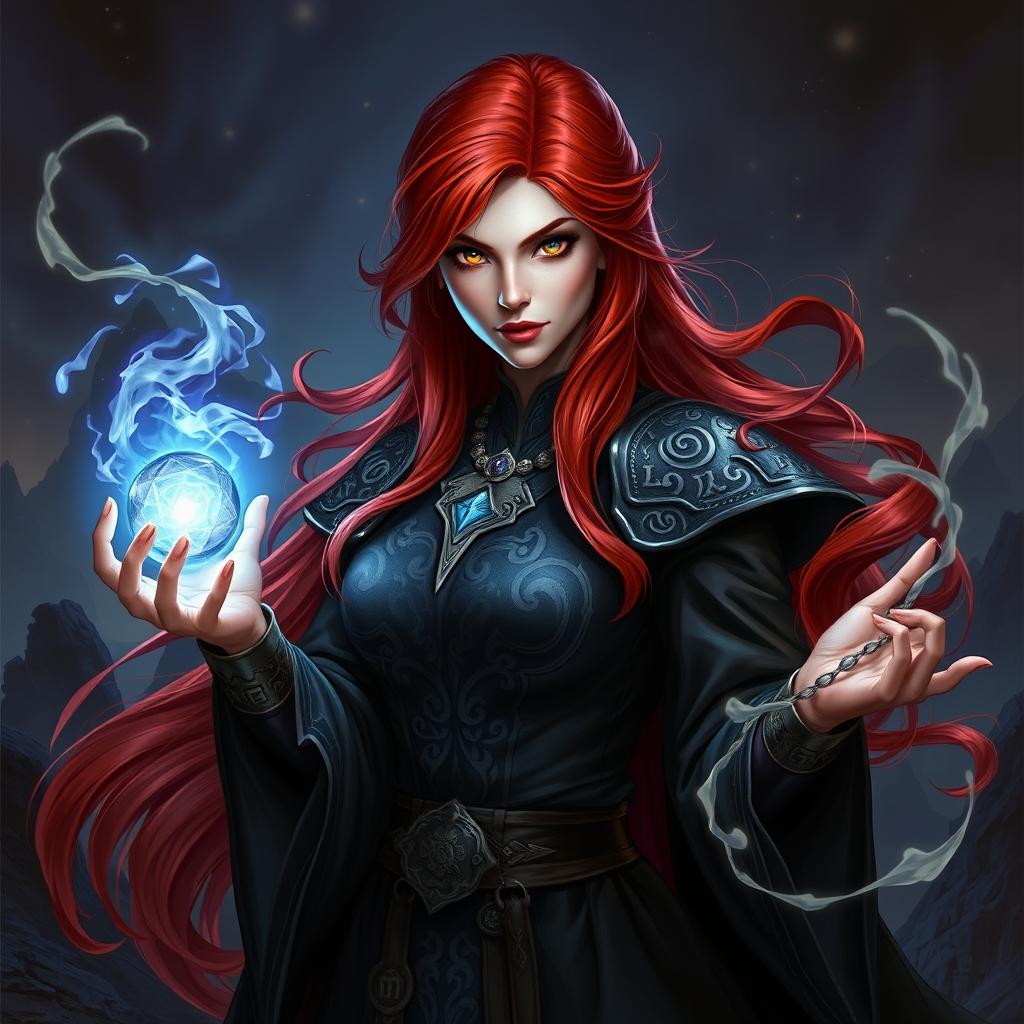 A character portrait of a powerful sorceress in a fantasy realm, with fiery red hair flowing dramatically down her back, wearing an ornate dark robe adorned with intricate silver runes
