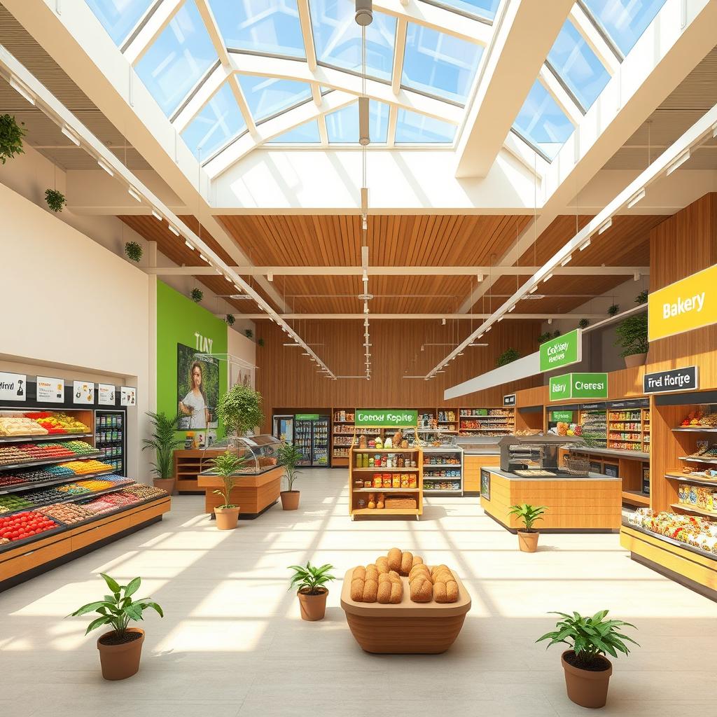 An interior design concept for a modern supermarket showcasing an inviting and efficient layout