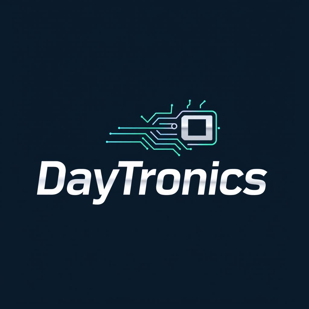 A modern and sleek logo design for 'DayTronics', featuring elements of electronics like circuit patterns, digital font styles, and vibrant colors such as blue, green, and silver