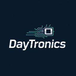 A modern and sleek logo design for 'DayTronics', featuring elements of electronics like circuit patterns, digital font styles, and vibrant colors such as blue, green, and silver