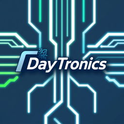 A modern and sleek logo design for 'DayTronics', featuring elements of electronics like circuit patterns, digital font styles, and vibrant colors such as blue, green, and silver