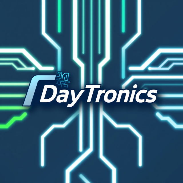 A modern and sleek logo design for 'DayTronics', featuring elements of electronics like circuit patterns, digital font styles, and vibrant colors such as blue, green, and silver