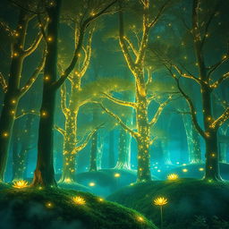 A breathtaking scene featuring luminous trees glowing with radiant light in a mystical forest setting