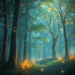 A breathtaking scene featuring luminous trees glowing with radiant light in a mystical forest setting
