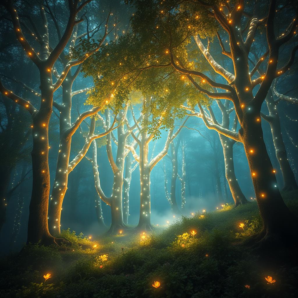 A breathtaking scene featuring luminous trees glowing with radiant light in a mystical forest setting