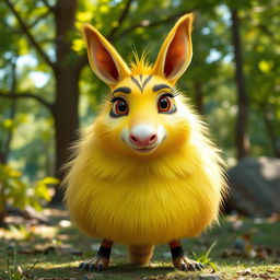 A female four-legged animal with long, fluffy yellow fur and a plump body, characterized by a short nose and large eyes