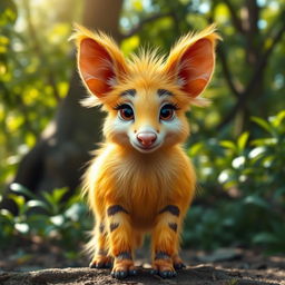 A female four-legged animal with long, fluffy yellow fur and a plump body, characterized by a short nose and large eyes