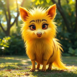 A female four-legged animal with long, fluffy yellow fur and a plump body, characterized by a short nose and large eyes