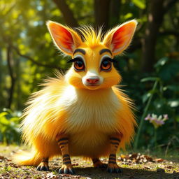 A female four-legged animal with long, fluffy yellow fur and a plump body, characterized by a short nose and large eyes