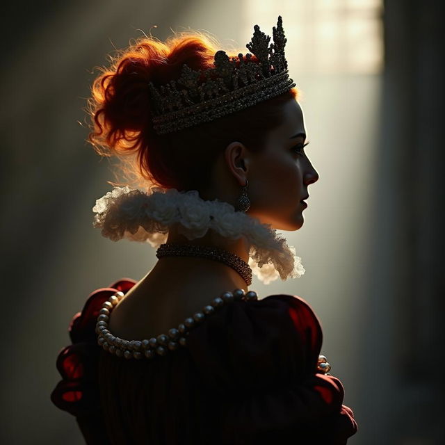 A silhouette of Queen Elizabeth I from the 16th century, styled in a steampunk theme