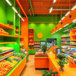 An interior design concept for a vibrant supermarket utilizing green and orange color schemes to create an energizing atmosphere