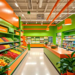 An interior design concept for a vibrant supermarket utilizing green and orange color schemes to create an energizing atmosphere