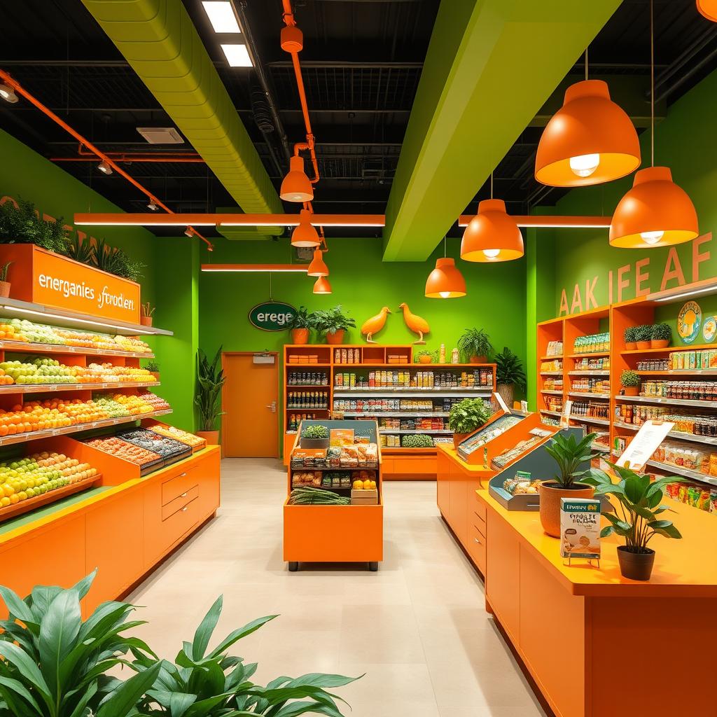 An interior design concept for a vibrant supermarket utilizing green and orange color schemes to create an energizing atmosphere