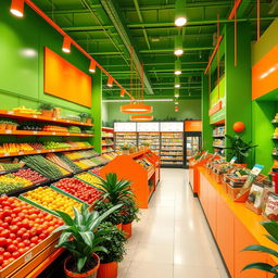 An interior design concept for a vibrant supermarket utilizing green and orange color schemes to create an energizing atmosphere