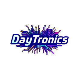 A logo design for 'DayTronics' that creatively incorporates electronic components such as circuit boards, resistors, and microchips