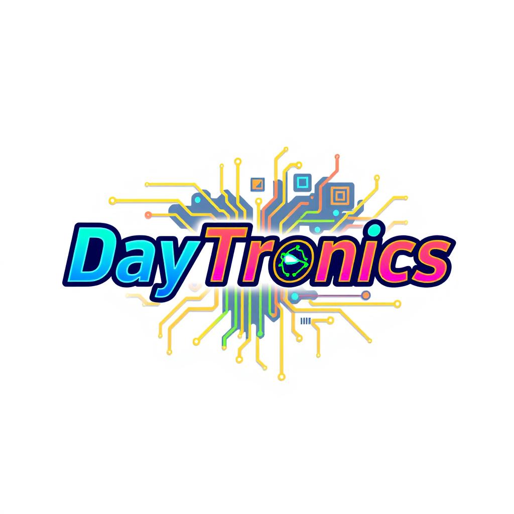 A logo design for 'DayTronics' that creatively incorporates electronic components such as circuit boards, resistors, and microchips