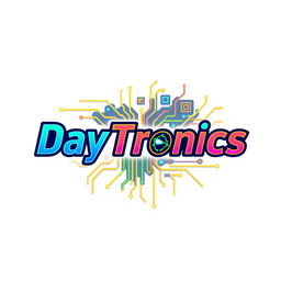 A logo design for 'DayTronics' that creatively incorporates electronic components such as circuit boards, resistors, and microchips