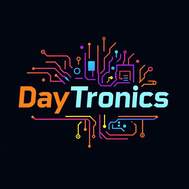 A logo design for 'DayTronics' that creatively incorporates electronic components such as circuit boards, resistors, and microchips