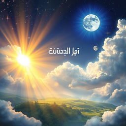 An awe-inspiring depiction of the "نور السماوات والأرض" (The Light of the Heavens and the Earth), showcasing a celestial scene filled with radiant beams of light emanating from the heavens