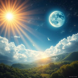 An awe-inspiring depiction of the "نور السماوات والأرض" (The Light of the Heavens and the Earth), showcasing a celestial scene filled with radiant beams of light emanating from the heavens