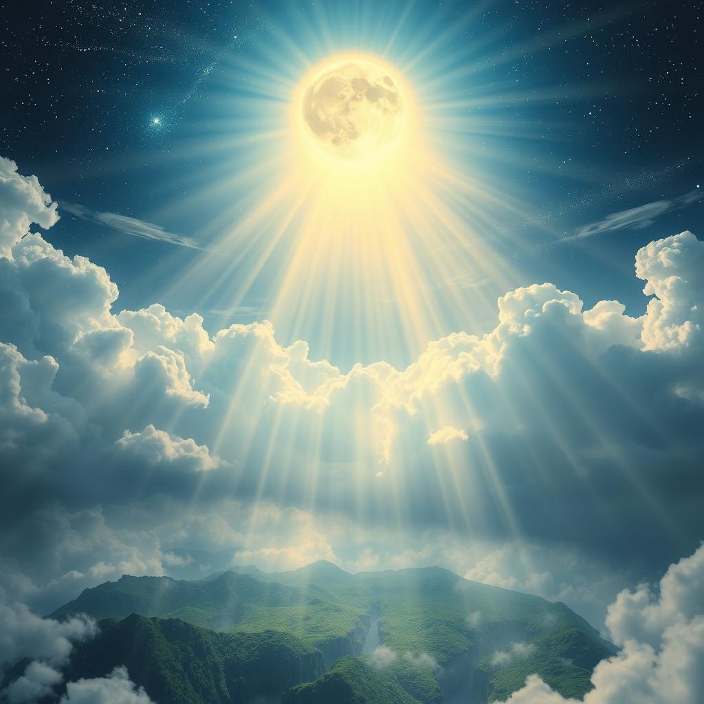 An awe-inspiring depiction of the "نور السماوات والأرض" (The Light of the Heavens and the Earth), showcasing a celestial scene filled with radiant beams of light emanating from the heavens