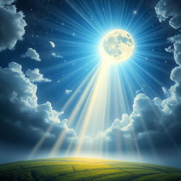 An awe-inspiring depiction of the "نور السماوات والأرض" (The Light of the Heavens and the Earth), showcasing a celestial scene filled with radiant beams of light emanating from the heavens