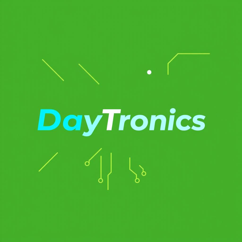 A logo design for 'DayTronics' featuring a theme centered around electronic components such as circuit boards, capacitors, and microchips
