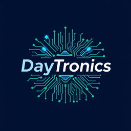 A logo design for 'DayTronics' featuring a theme centered around electronic components such as circuit boards, capacitors, and microchips