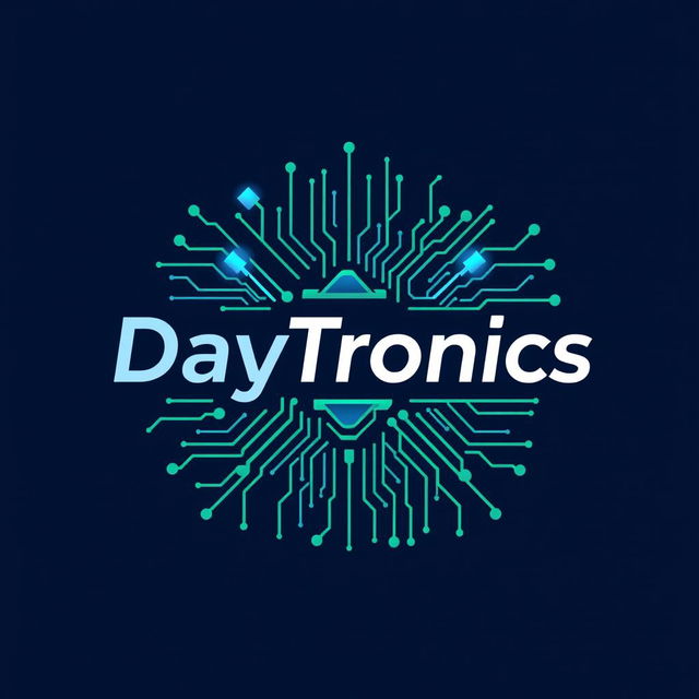 A logo design for 'DayTronics' featuring a theme centered around electronic components such as circuit boards, capacitors, and microchips