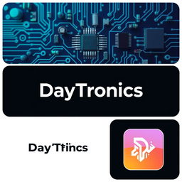 A logo design for 'DayTronics' featuring a theme centered around electronic components such as circuit boards, capacitors, and microchips