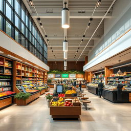 The ultimate supermarket interior design that blends luxury and functionality, featuring sleek and contemporary aesthetics