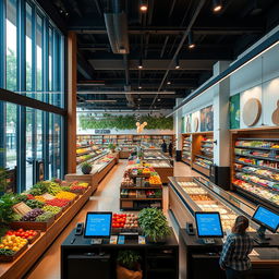 The ultimate supermarket interior design that blends luxury and functionality, featuring sleek and contemporary aesthetics