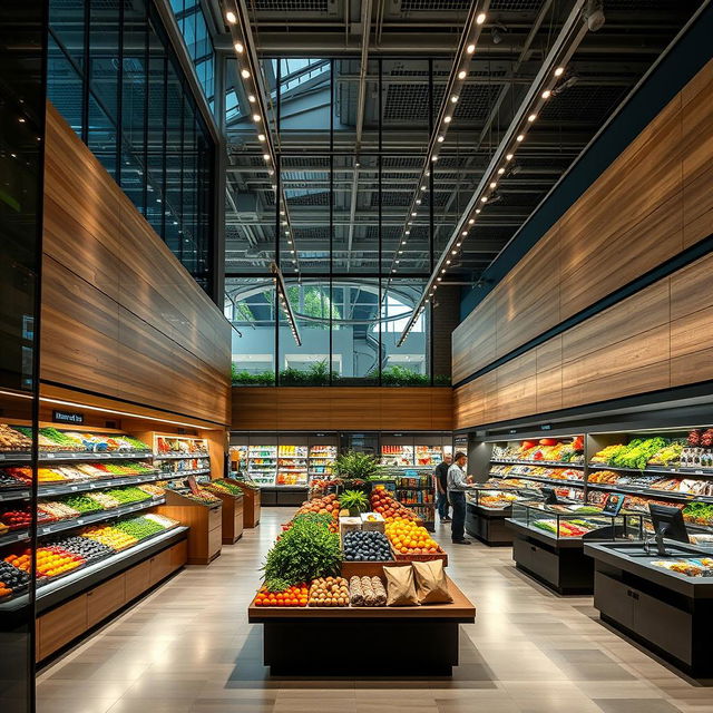 The ultimate supermarket interior design that blends luxury and functionality, featuring sleek and contemporary aesthetics