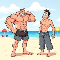 A vibrant and humorous cartoon scene depicting a muscular beach bully wearing tight short pants, exuding confidence and dominance as he playfully intimidates a skinny man dressed in loose baggy short pants