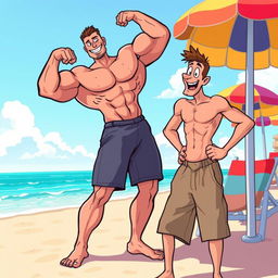 A vibrant and humorous cartoon scene depicting a muscular beach bully wearing tight short pants, exuding confidence and dominance as he playfully intimidates a skinny man dressed in loose baggy short pants