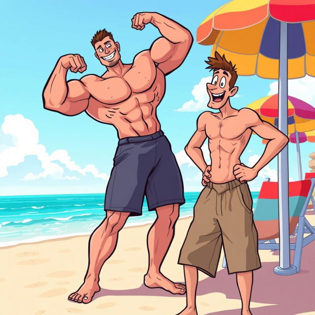 A vibrant and humorous cartoon scene depicting a muscular beach bully wearing tight short pants, exuding confidence and dominance as he playfully intimidates a skinny man dressed in loose baggy short pants