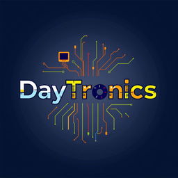 A modern logo design for 'DayTronics' featuring a creative integration of electronic components such as microchips, circuit patterns, and a vibrant color scheme